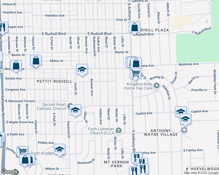 map of restaurants, bars, coffee shops, grocery stores, and more near 4423 Reed Street in Fort Wayne