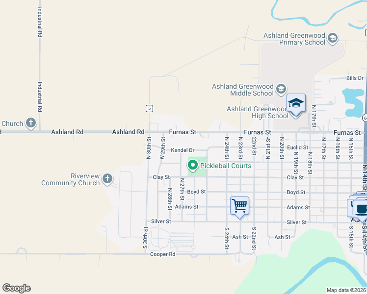 map of restaurants, bars, coffee shops, grocery stores, and more near 2641 Furnas Street in Ashland
