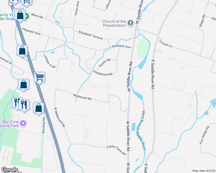 map of restaurants, bars, coffee shops, grocery stores, and more near 78 Stoney Ridge Road in Saddle River