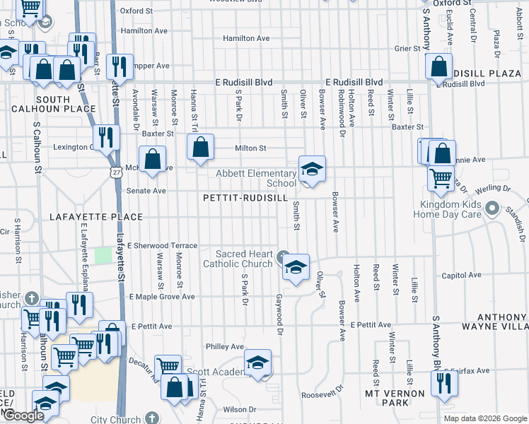map of restaurants, bars, coffee shops, grocery stores, and more near 4421 Spatz Avenue in Fort Wayne