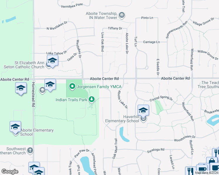 map of restaurants, bars, coffee shops, grocery stores, and more near 10000 Aboite Center Road in Fort Wayne