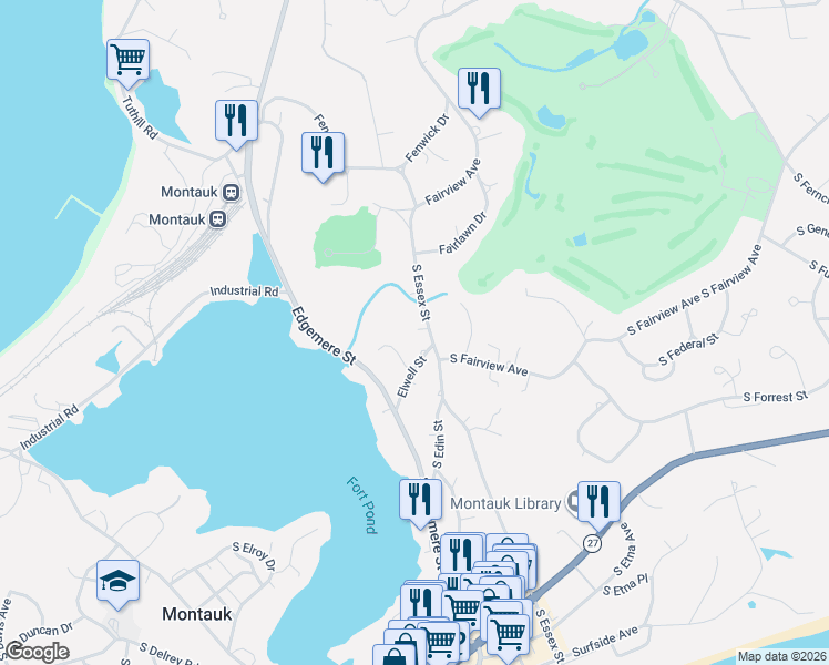 map of restaurants, bars, coffee shops, grocery stores, and more near 205 Essex Street in Montauk
