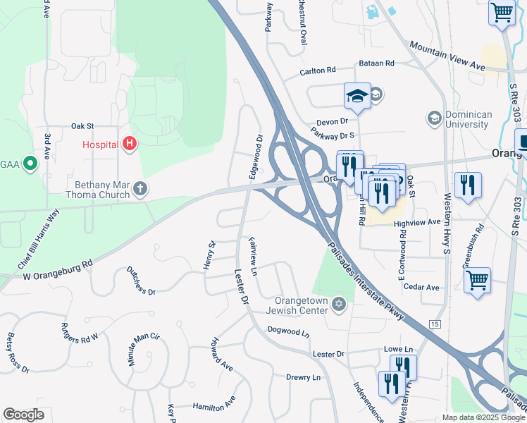 map of restaurants, bars, coffee shops, grocery stores, and more near 3 Fern Oval East in Orangeburg