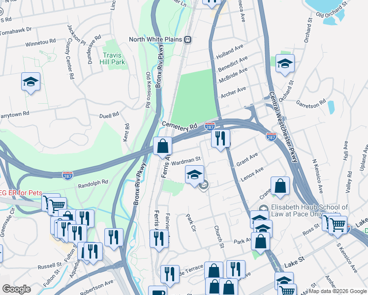 map of restaurants, bars, coffee shops, grocery stores, and more near 38 Westview Avenue in White Plains
