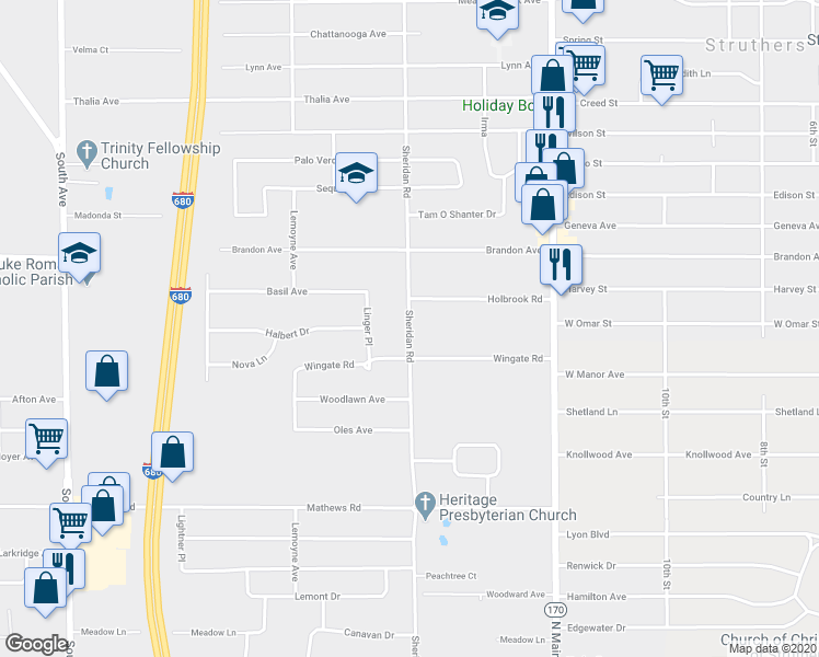 map of restaurants, bars, coffee shops, grocery stores, and more near 5321 Sheridan Road in Youngstown