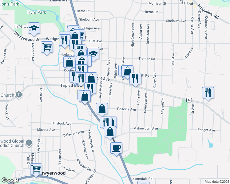 map of restaurants, bars, coffee shops, grocery stores, and more near 576 Cora Avenue in Akron