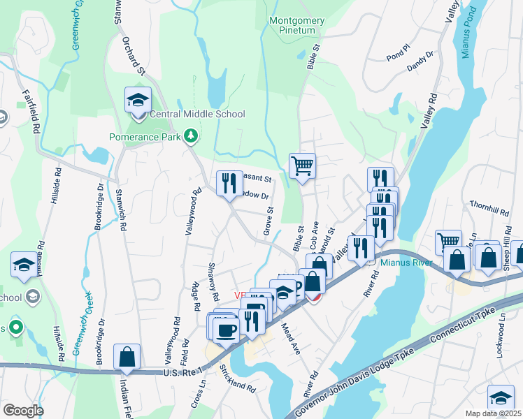 map of restaurants, bars, coffee shops, grocery stores, and more near 29 Meadow Drive in Greenwich