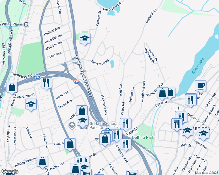 map of restaurants, bars, coffee shops, grocery stores, and more near 41 Mount Morris Avenue in White Plains
