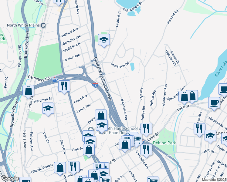 map of restaurants, bars, coffee shops, grocery stores, and more near 193 North Kensico Avenue in White Plains