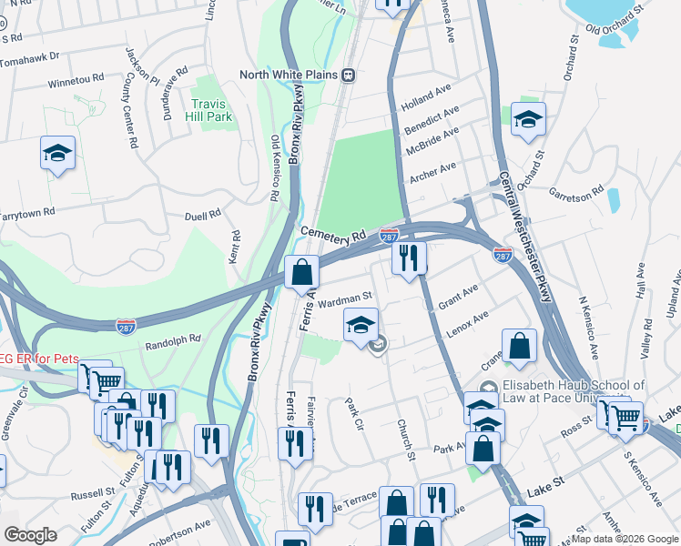 map of restaurants, bars, coffee shops, grocery stores, and more near 38 Westview Avenue in White Plains