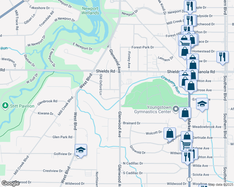 map of restaurants, bars, coffee shops, grocery stores, and more near 5304 Glenwood Avenue in Youngstown