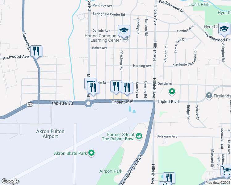 map of restaurants, bars, coffee shops, grocery stores, and more near 608 Stephens Road in Akron