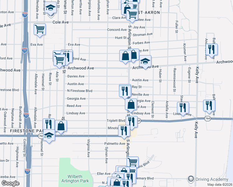 map of restaurants, bars, coffee shops, grocery stores, and more near 923 North Firestone Boulevard in Akron