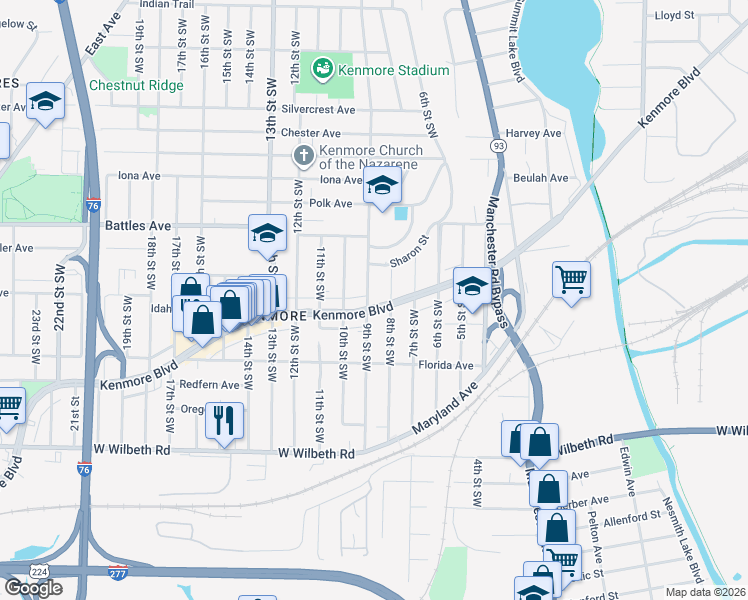 map of restaurants, bars, coffee shops, grocery stores, and more near 2168 9th Street Southwest in Akron