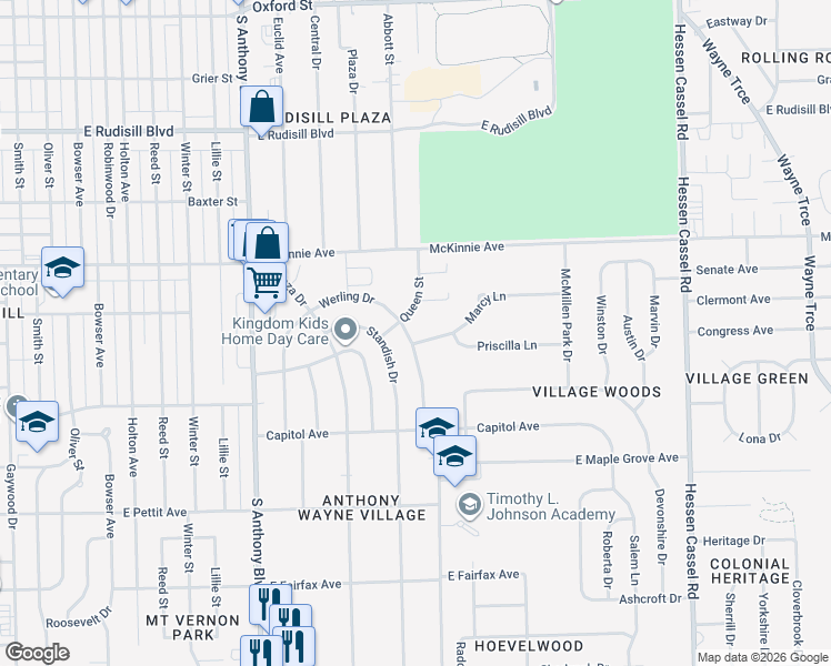 map of restaurants, bars, coffee shops, grocery stores, and more near 4331 Queen Street in Fort Wayne