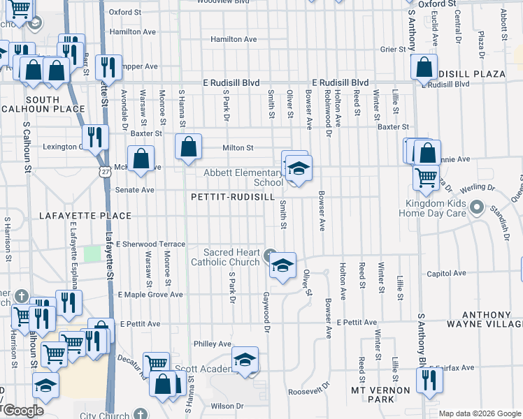 map of restaurants, bars, coffee shops, grocery stores, and more near 4421 Spatz Avenue in Fort Wayne