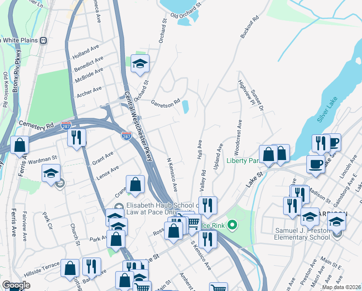 map of restaurants, bars, coffee shops, grocery stores, and more near 41 Mount Morris Avenue in White Plains