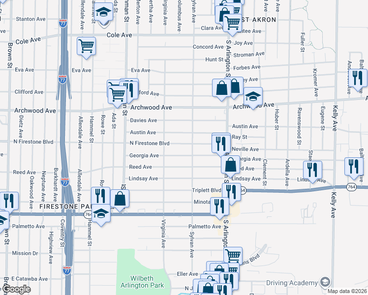 map of restaurants, bars, coffee shops, grocery stores, and more near 885 North Firestone Boulevard in Akron