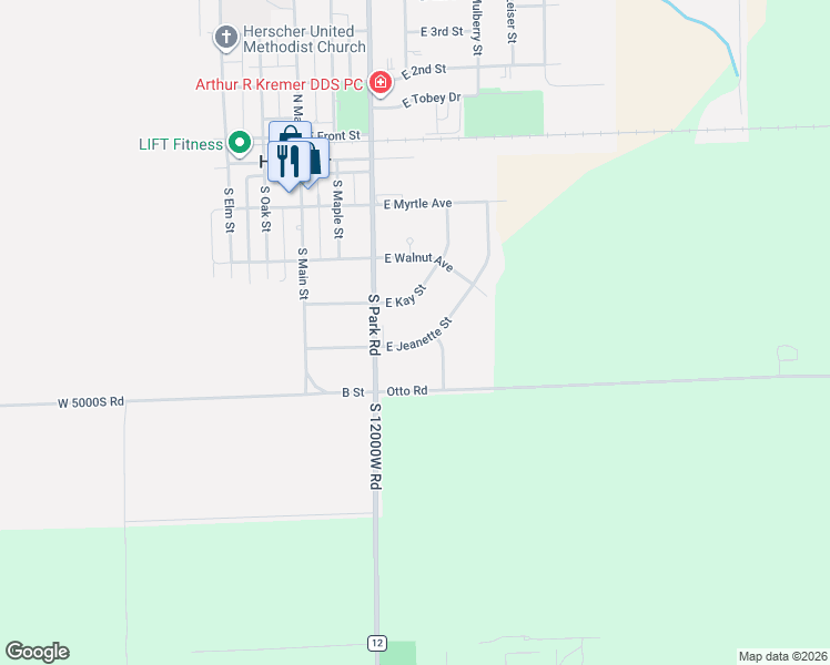 map of restaurants, bars, coffee shops, grocery stores, and more near 336 East Kay Street in Herscher