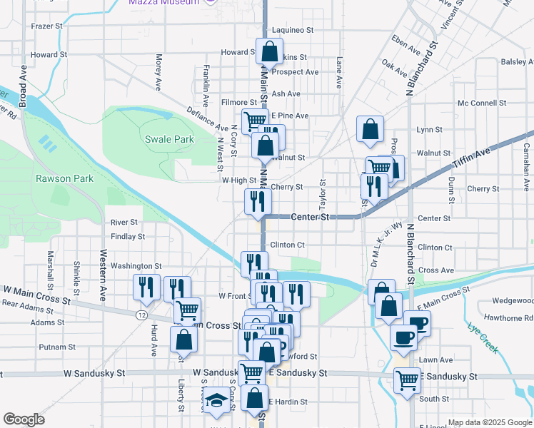 map of restaurants, bars, coffee shops, grocery stores, and more near in Findlay