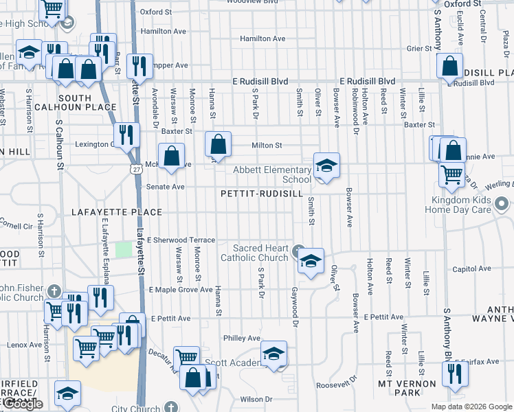 map of restaurants, bars, coffee shops, grocery stores, and more near 4424 South Park Drive in Fort Wayne
