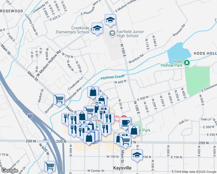 map of restaurants, bars, coffee shops, grocery stores, and more near 79 West 600 North in Kaysville