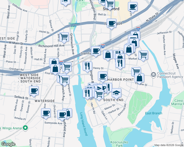 map of restaurants, bars, coffee shops, grocery stores, and more near 310 Washington Boulevard in Stamford