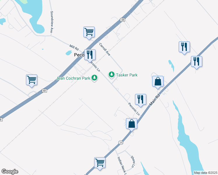 map of restaurants, bars, coffee shops, grocery stores, and more near 1685 Peconic Lane in Peconic
