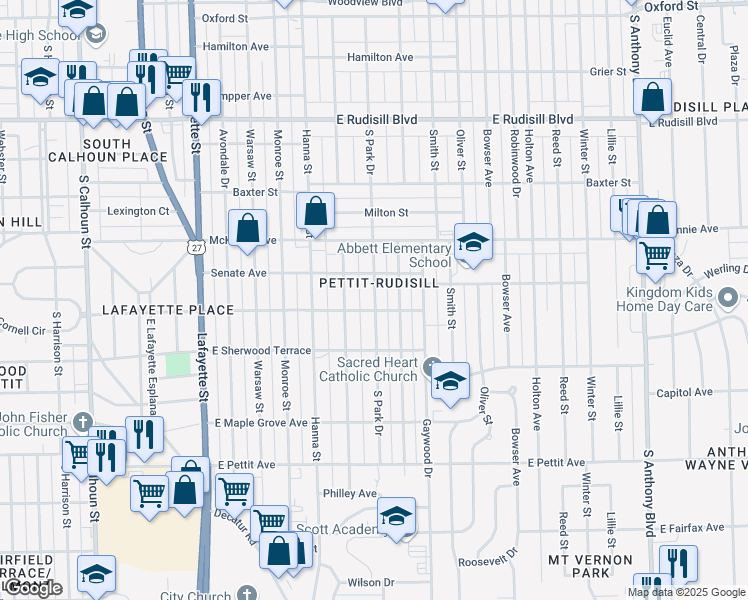 map of restaurants, bars, coffee shops, grocery stores, and more near 4430 South Park Drive in Fort Wayne