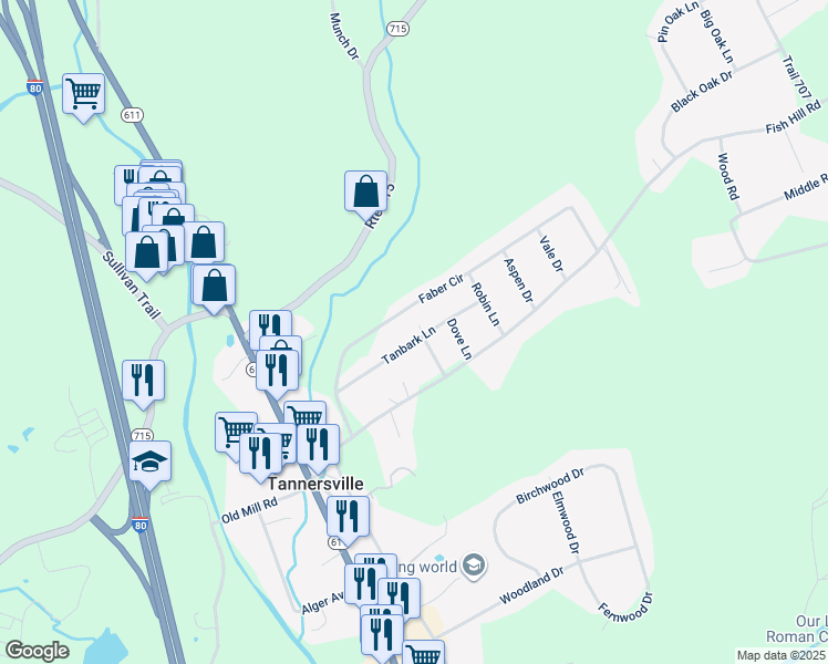 map of restaurants, bars, coffee shops, grocery stores, and more near 141 Tanbark Lane in Tannersville