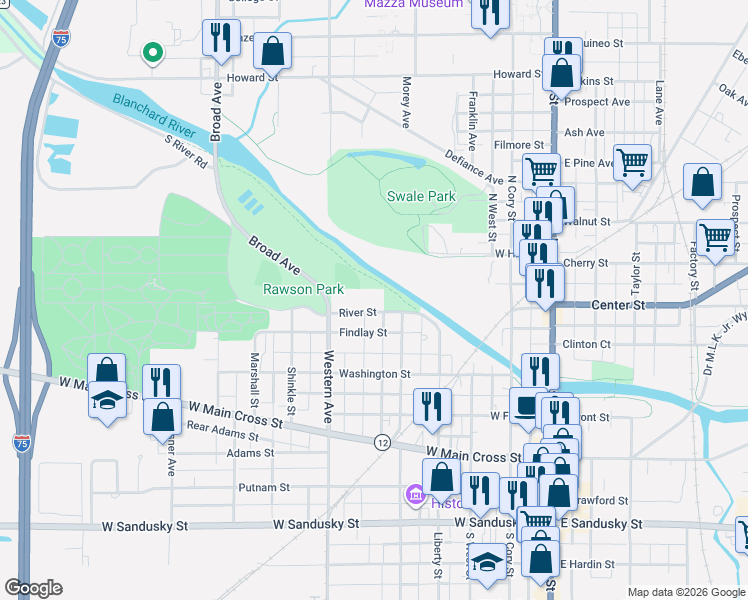 map of restaurants, bars, coffee shops, grocery stores, and more near 526 River Street in Findlay