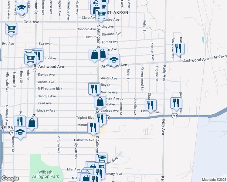 map of restaurants, bars, coffee shops, grocery stores, and more near 1056 Ray Street in Akron