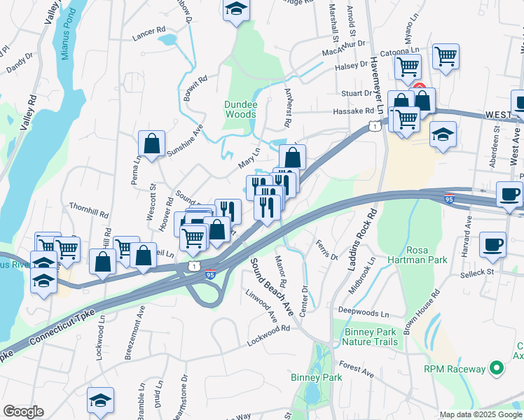 map of restaurants, bars, coffee shops, grocery stores, and more near 1345 East Putnam Avenue in Greenwich