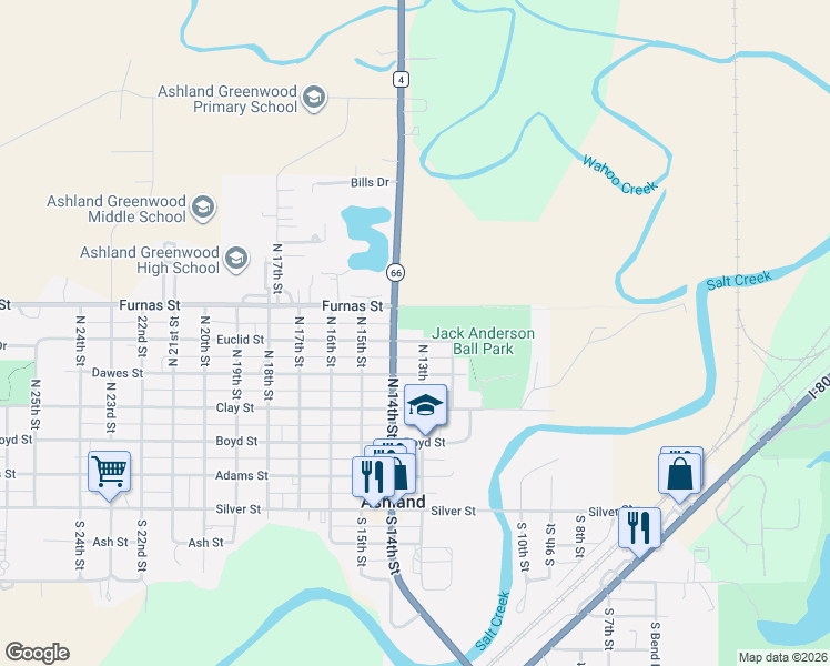 map of restaurants, bars, coffee shops, grocery stores, and more near 1328 Euclid Street in Ashland