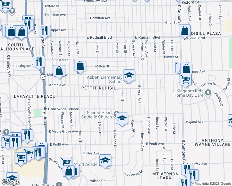 map of restaurants, bars, coffee shops, grocery stores, and more near 4427 Gaywood Drive in Fort Wayne