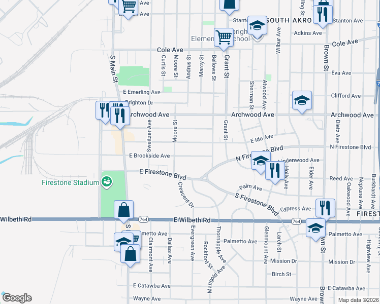 map of restaurants, bars, coffee shops, grocery stores, and more near 144 East Ido Avenue in Akron