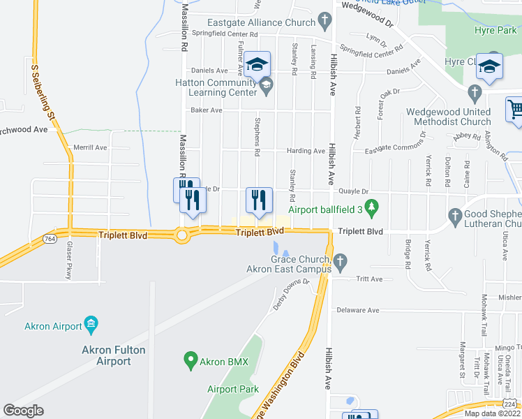 map of restaurants, bars, coffee shops, grocery stores, and more near 611 Stephens Road in Akron