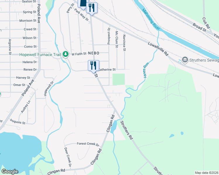 map of restaurants, bars, coffee shops, grocery stores, and more near 8 East Haywood Avenue in Struthers
