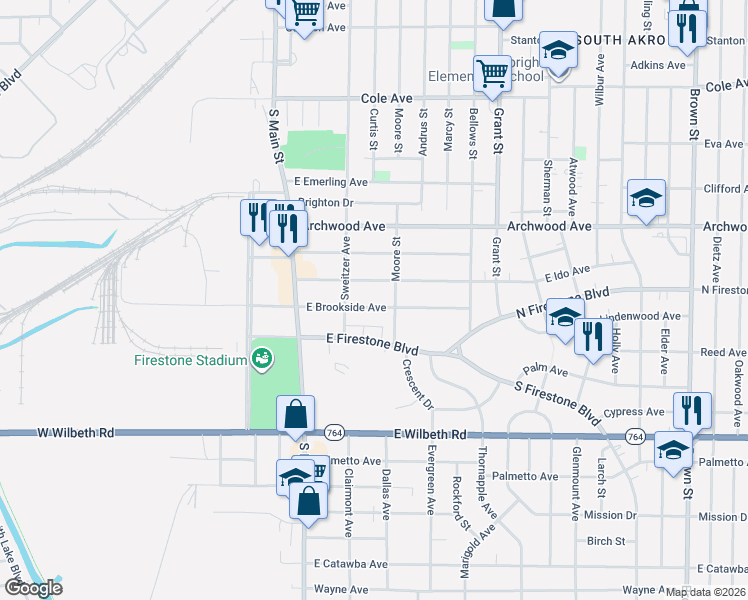 map of restaurants, bars, coffee shops, grocery stores, and more near 104 East Ido Avenue in Akron