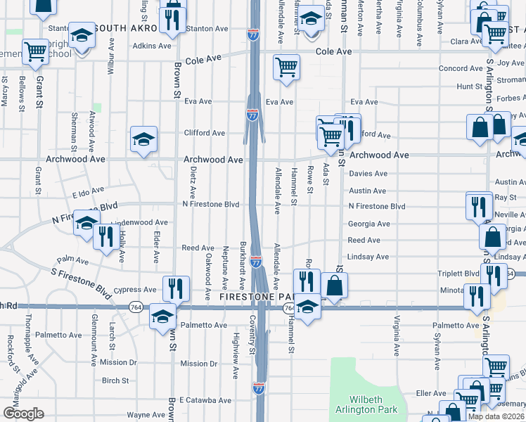 map of restaurants, bars, coffee shops, grocery stores, and more near Coventry Street in Akron