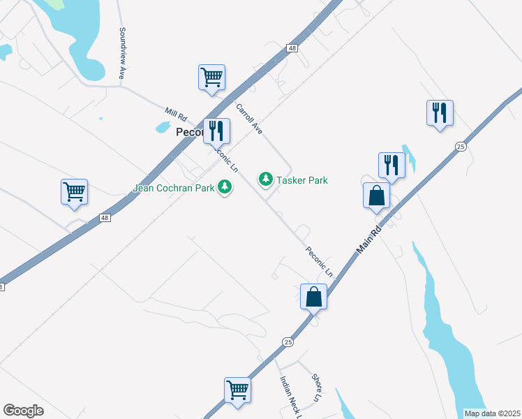 map of restaurants, bars, coffee shops, grocery stores, and more near 1685 Peconic Lane in Peconic