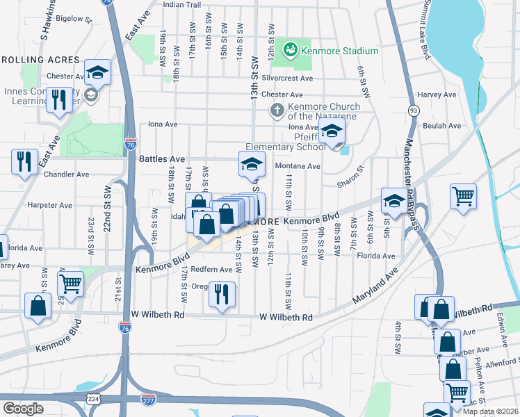 map of restaurants, bars, coffee shops, grocery stores, and more near 2172 12th Street Southwest in Akron