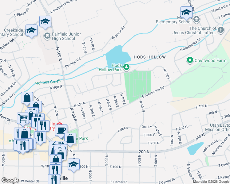 map of restaurants, bars, coffee shops, grocery stores, and more near 387 East 500 North in Kaysville