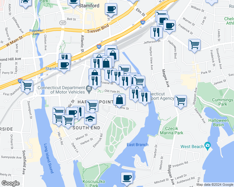 map of restaurants, bars, coffee shops, grocery stores, and more near 200 Henry Street in Stamford