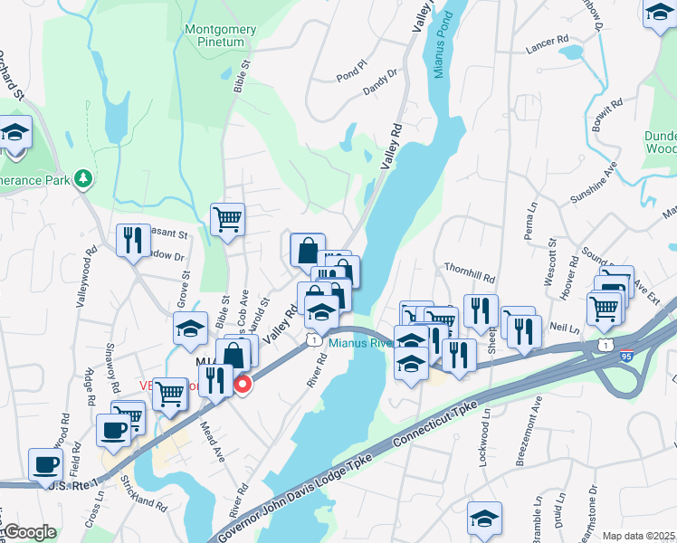 map of restaurants, bars, coffee shops, grocery stores, and more near 85 Valley Road in Greenwich