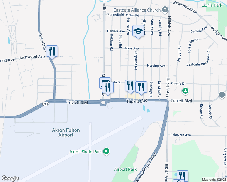 map of restaurants, bars, coffee shops, grocery stores, and more near 598 Baldwin Road in Akron