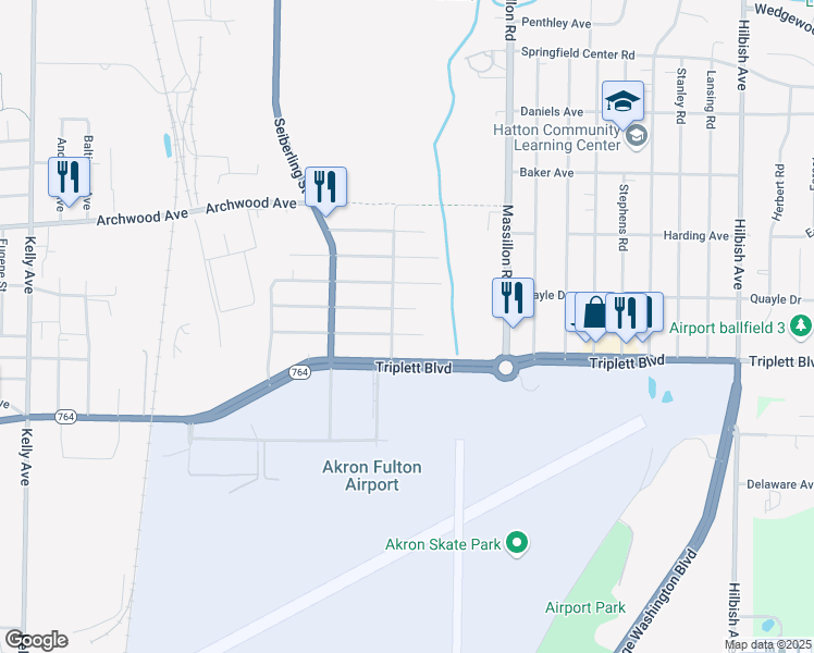 map of restaurants, bars, coffee shops, grocery stores, and more near 1620 Canadian Avenue in Akron