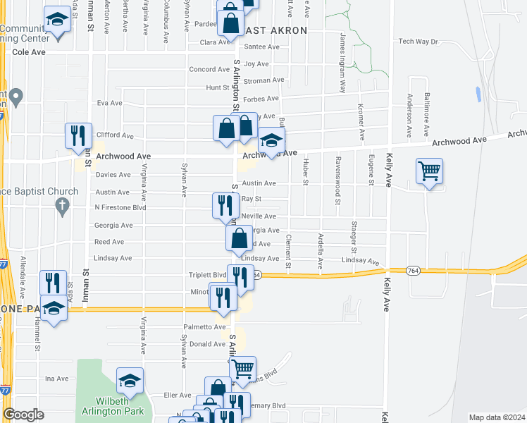 map of restaurants, bars, coffee shops, grocery stores, and more near 1056 Ray Street in Akron