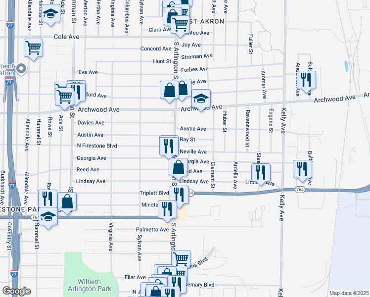 map of restaurants, bars, coffee shops, grocery stores, and more near 1011 South Arlington Street in Akron