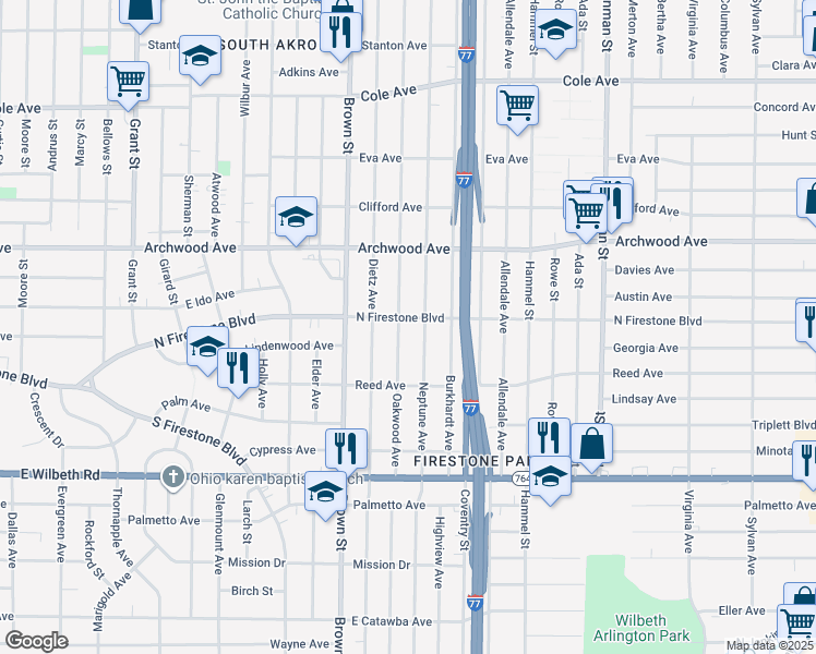 map of restaurants, bars, coffee shops, grocery stores, and more near 510 North Firestone Boulevard in Akron